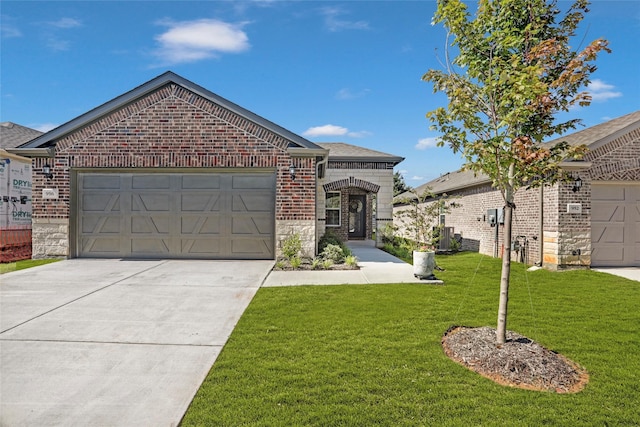 view of front of property with a garage, a front yard, and central air condition unit