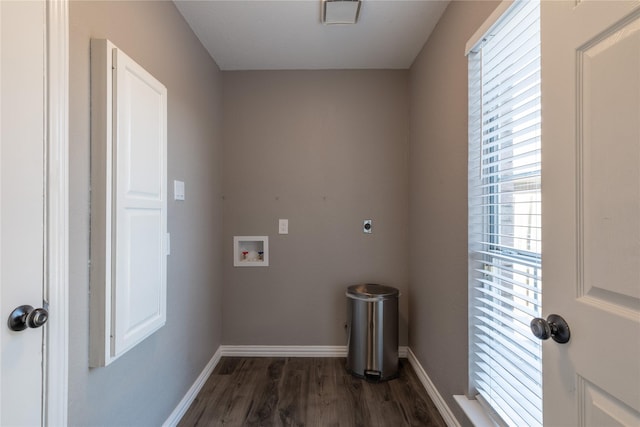 washroom with hookup for a washing machine, electric dryer hookup, and dark hardwood / wood-style flooring