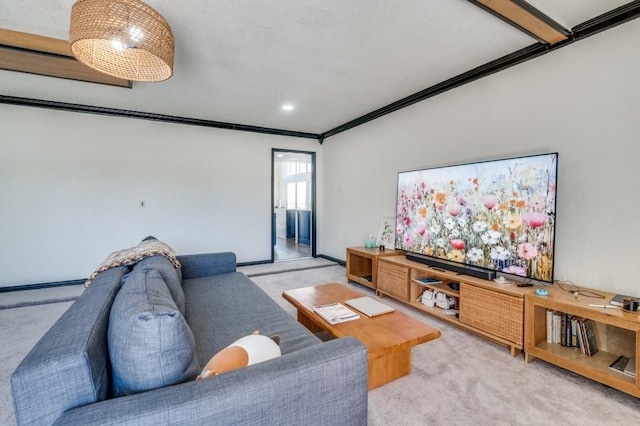 living room featuring crown molding and light carpet