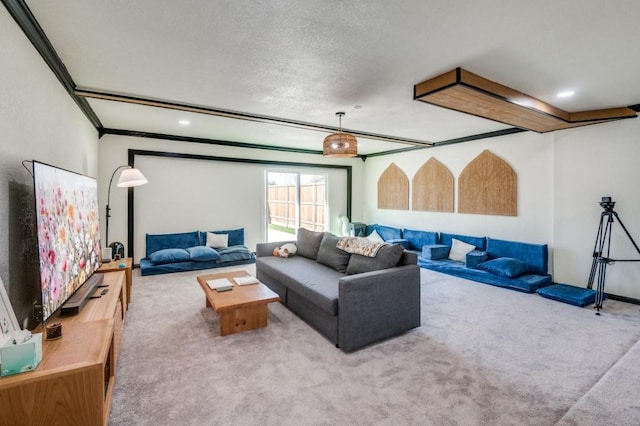 carpeted living room featuring crown molding and a textured ceiling