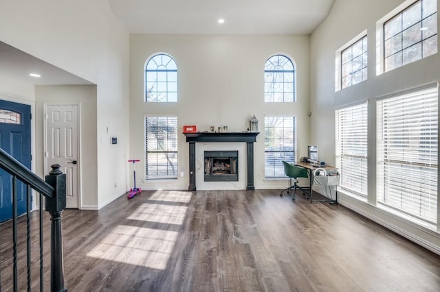 living room featuring wood-type flooring and a high ceiling