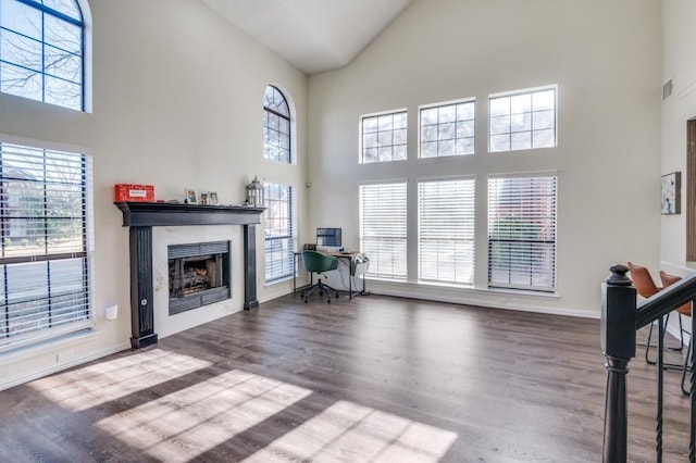 living room with hardwood / wood-style flooring, high vaulted ceiling, and a wealth of natural light