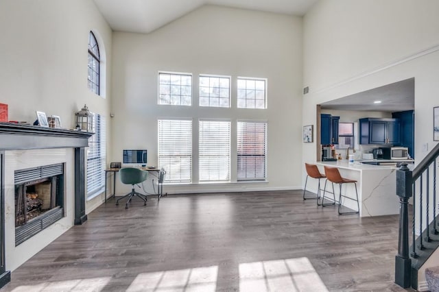 living room featuring dark wood-type flooring, a fireplace, and high vaulted ceiling