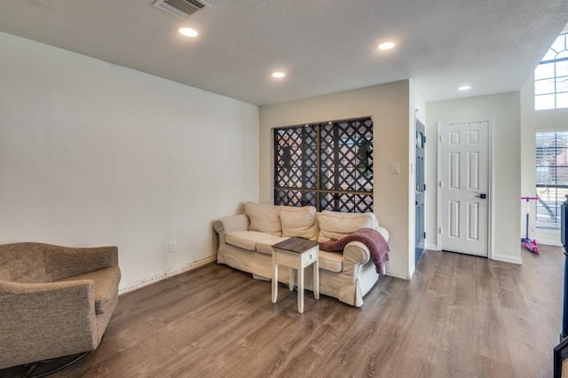 living room featuring hardwood / wood-style flooring and a textured ceiling