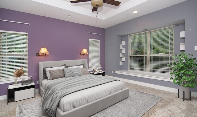 bedroom featuring a raised ceiling and ceiling fan