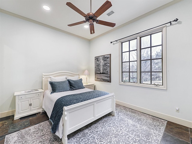 bedroom featuring crown molding and ceiling fan