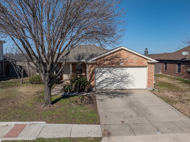 ranch-style home with a garage and a front lawn