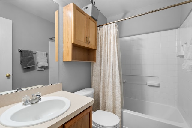 full bathroom with vanity, toilet, and shower / tub combo with curtain