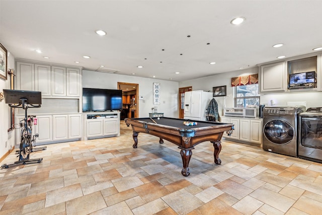 recreation room featuring billiards and washing machine and dryer