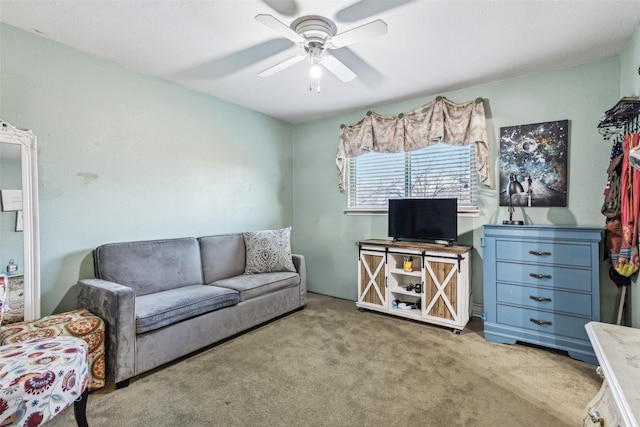 living room featuring light colored carpet and ceiling fan