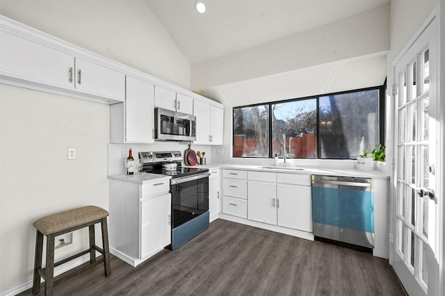 kitchen featuring vaulted ceiling, appliances with stainless steel finishes, dark hardwood / wood-style floors, sink, and white cabinets