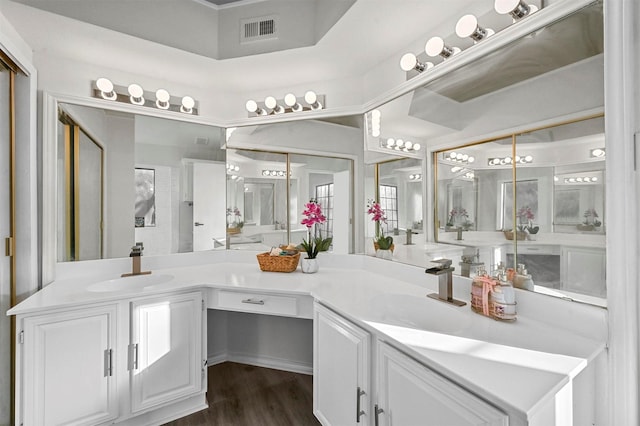 bathroom featuring vanity, a shower, and hardwood / wood-style floors