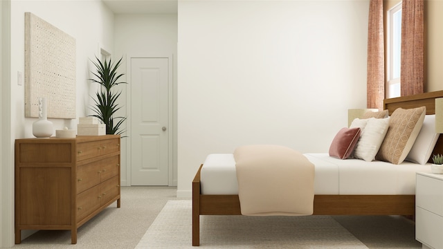 bedroom featuring light carpet