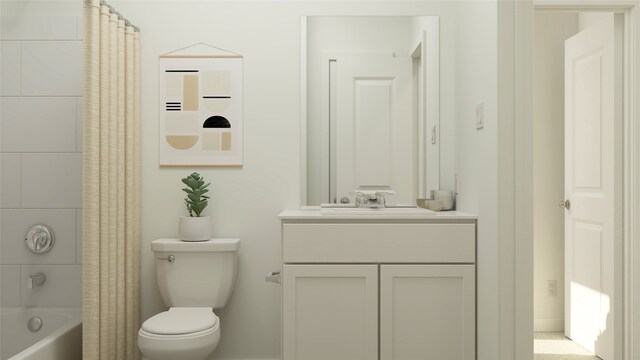 full bathroom with shower / bathtub combination with curtain, vanity, and toilet