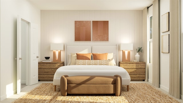 bedroom with light carpet and wooden walls