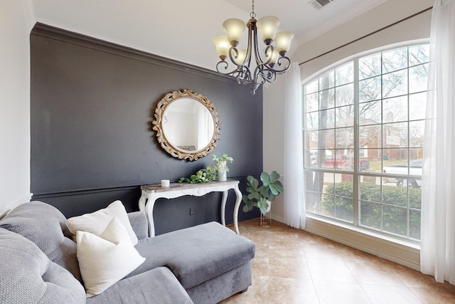 living area featuring ornamental molding, plenty of natural light, light tile patterned floors, and a chandelier