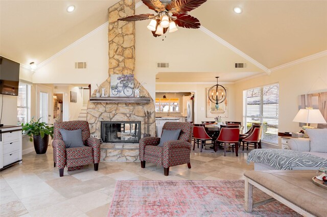 living room with light tile patterned flooring, high vaulted ceiling, ornamental molding, beamed ceiling, and ceiling fan