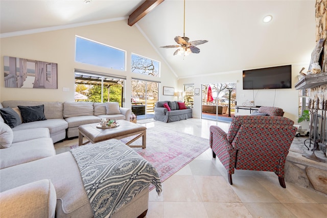 tiled living room with beam ceiling, high vaulted ceiling, crown molding, and ceiling fan