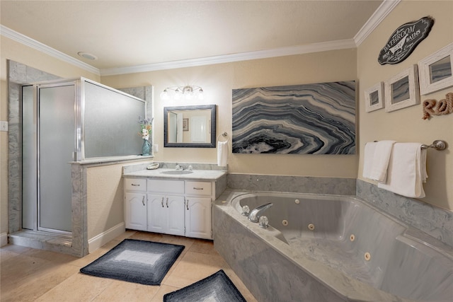 bathroom featuring ornamental molding, vanity, shower with separate bathtub, and tile patterned floors