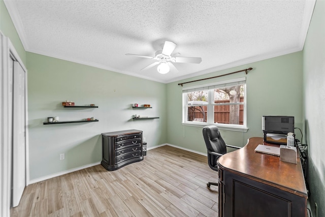 office space with ceiling fan, ornamental molding, and light hardwood / wood-style flooring