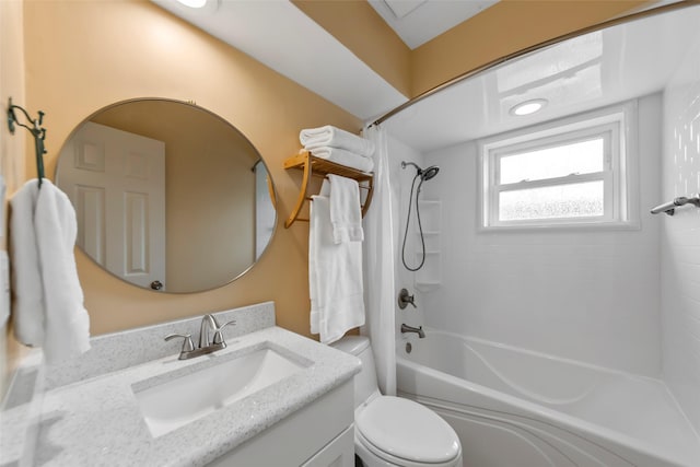 full bathroom featuring shower / washtub combination, toilet, and vanity