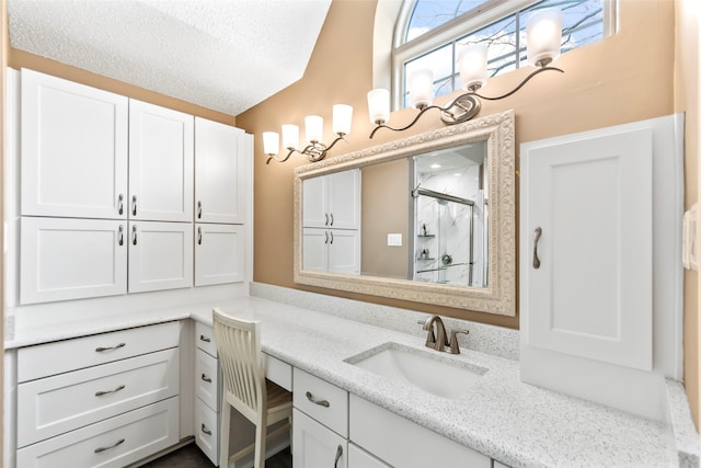 bathroom featuring vanity, a shower with door, and a textured ceiling