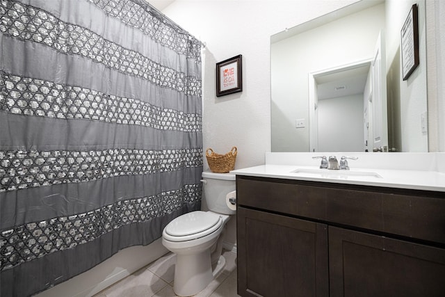 bathroom featuring vanity, toilet, curtained shower, and tile patterned flooring