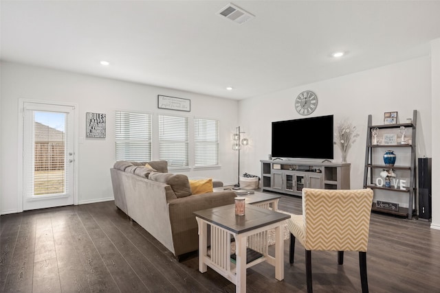 living room featuring dark wood-type flooring