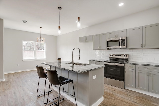 kitchen featuring sink, stainless steel appliances, an island with sink, and stone countertops