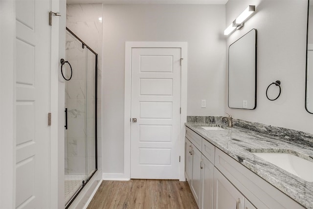 bathroom with walk in shower, vanity, and hardwood / wood-style flooring