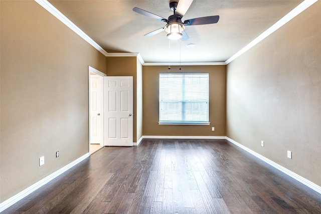 spare room featuring ornamental molding, dark hardwood / wood-style floors, and ceiling fan