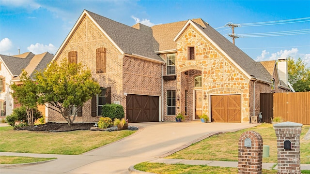 view of front of property with a garage and a front lawn