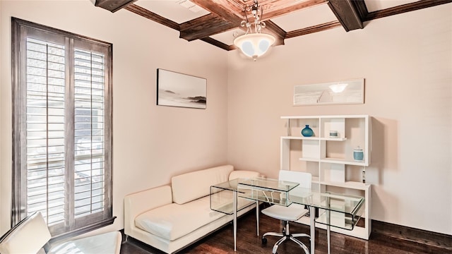 office with beamed ceiling, coffered ceiling, and a wealth of natural light