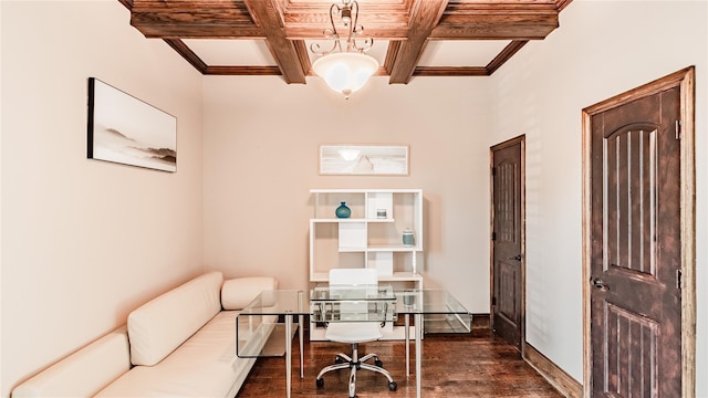 office area featuring coffered ceiling, dark hardwood / wood-style floors, and beamed ceiling