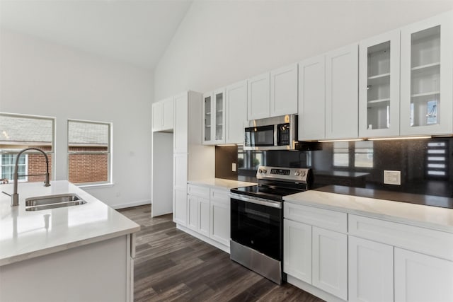 kitchen featuring high vaulted ceiling, sink, white cabinets, dark hardwood / wood-style flooring, and stainless steel appliances