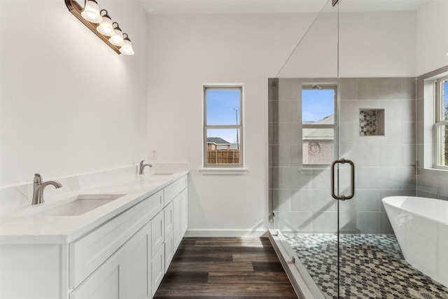 bathroom featuring vanity, separate shower and tub, and wood-type flooring