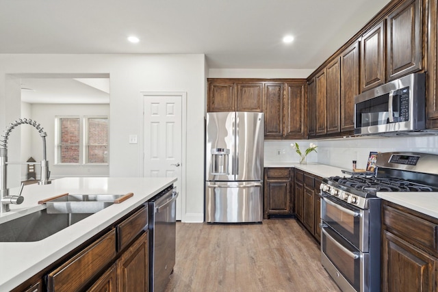 kitchen featuring dark brown cabinetry, sink, light wood-type flooring, stainless steel appliances, and decorative backsplash