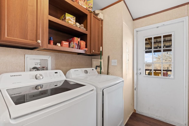 laundry area with dark wood-type flooring, washer and clothes dryer, and cabinets