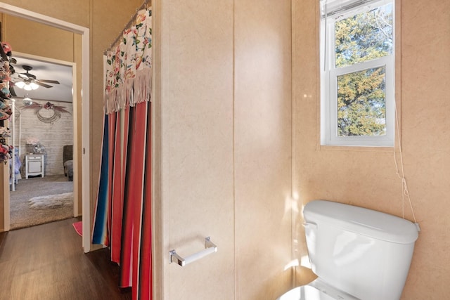 bathroom with a wealth of natural light, toilet, and wood-type flooring