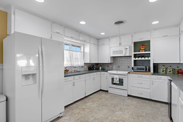 kitchen featuring white cabinetry, white appliances, and backsplash