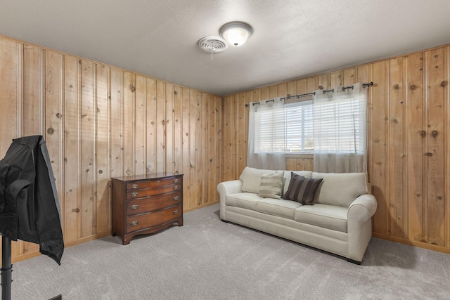 interior space featuring wooden walls and a textured ceiling