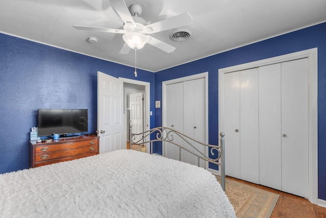 bedroom featuring multiple closets, ceiling fan, and hardwood / wood-style floors