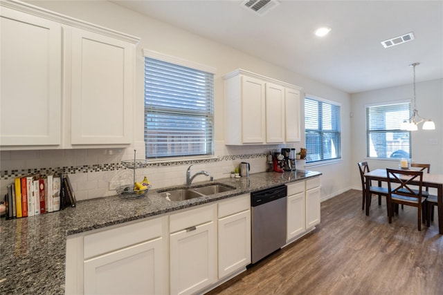 kitchen featuring white cabinetry, stainless steel dishwasher, dark hardwood / wood-style floors, and sink