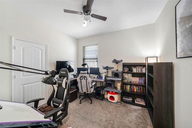 carpeted office space featuring ceiling fan