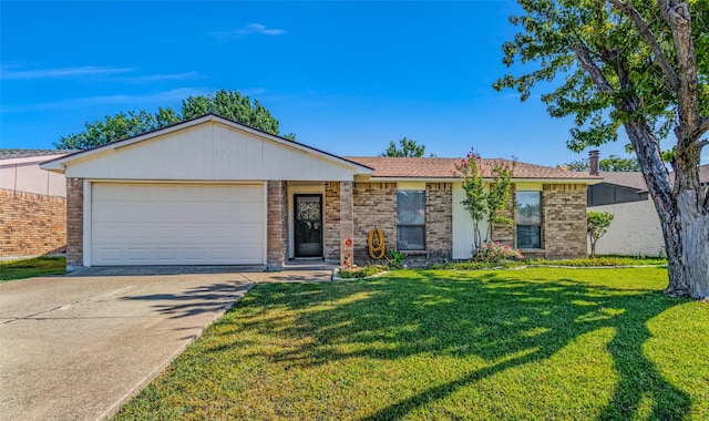 single story home featuring a garage and a front yard