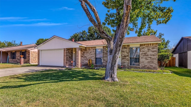 ranch-style house with a garage and a front lawn