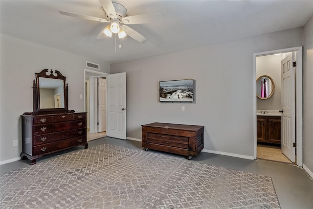 bedroom with concrete flooring, sink, connected bathroom, and ceiling fan