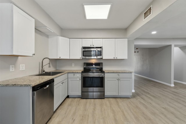 kitchen featuring light wood-type flooring, stainless steel appliances, sink, and white cabinets