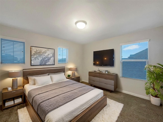 bedroom with dark colored carpet