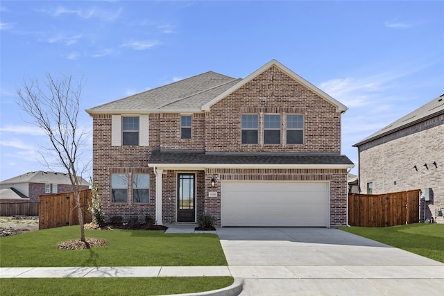 traditional-style home featuring brick siding, driveway, a front lawn, and fence